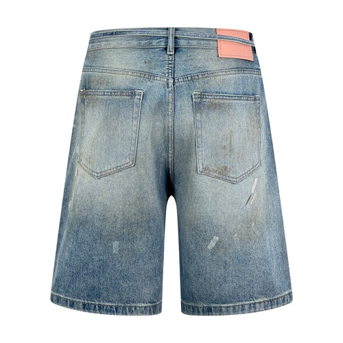 Acne Studios Paint‑Splatters Distressed Wide‑Leg Denim Jort Shorts