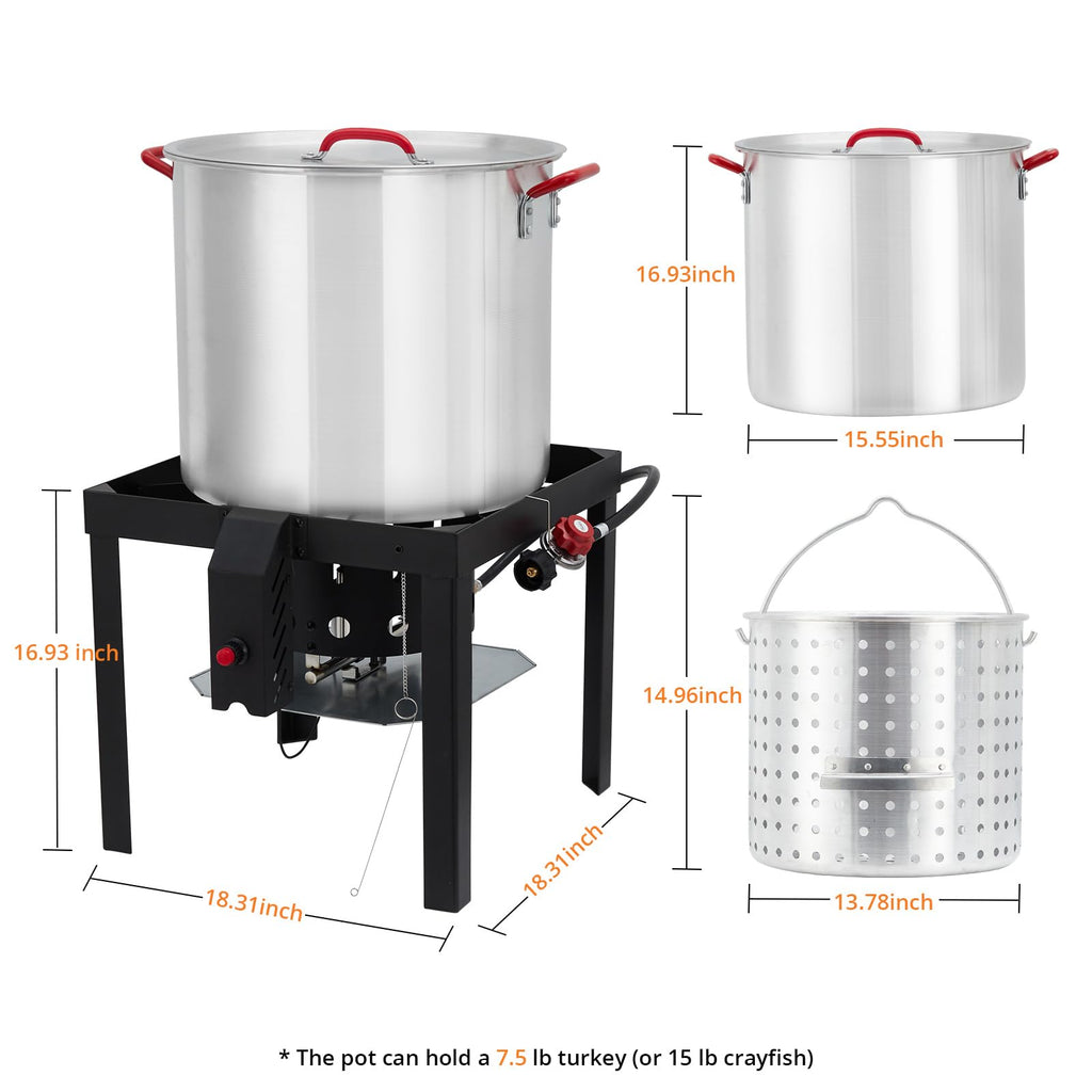 60QT Aluminum Seafood Boil Pot with Strainer Basket and Propane Burner L7224