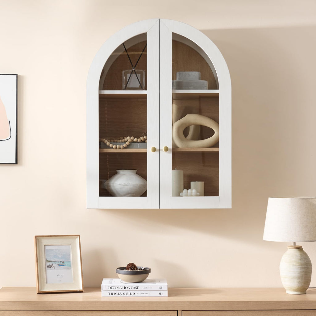 White Arched Wall Mount Bathroom Cabinet with Glass Doors P75258