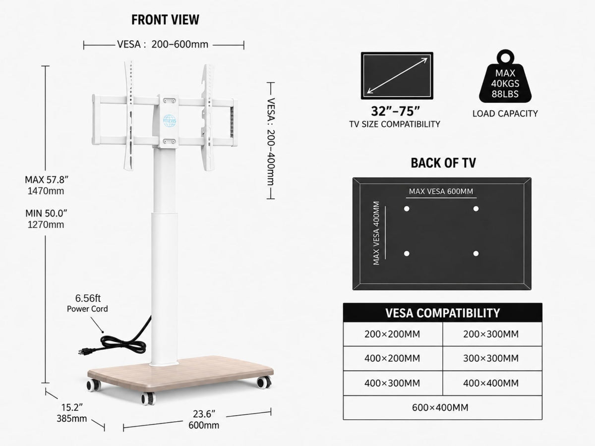 White Rolling TV Stand for 32-75 Inch TVs W777907