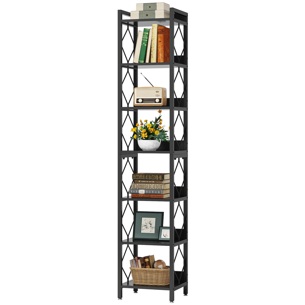 78.7 Inch Tall Skinny Narrow Black Bookshelf Bookcase G357