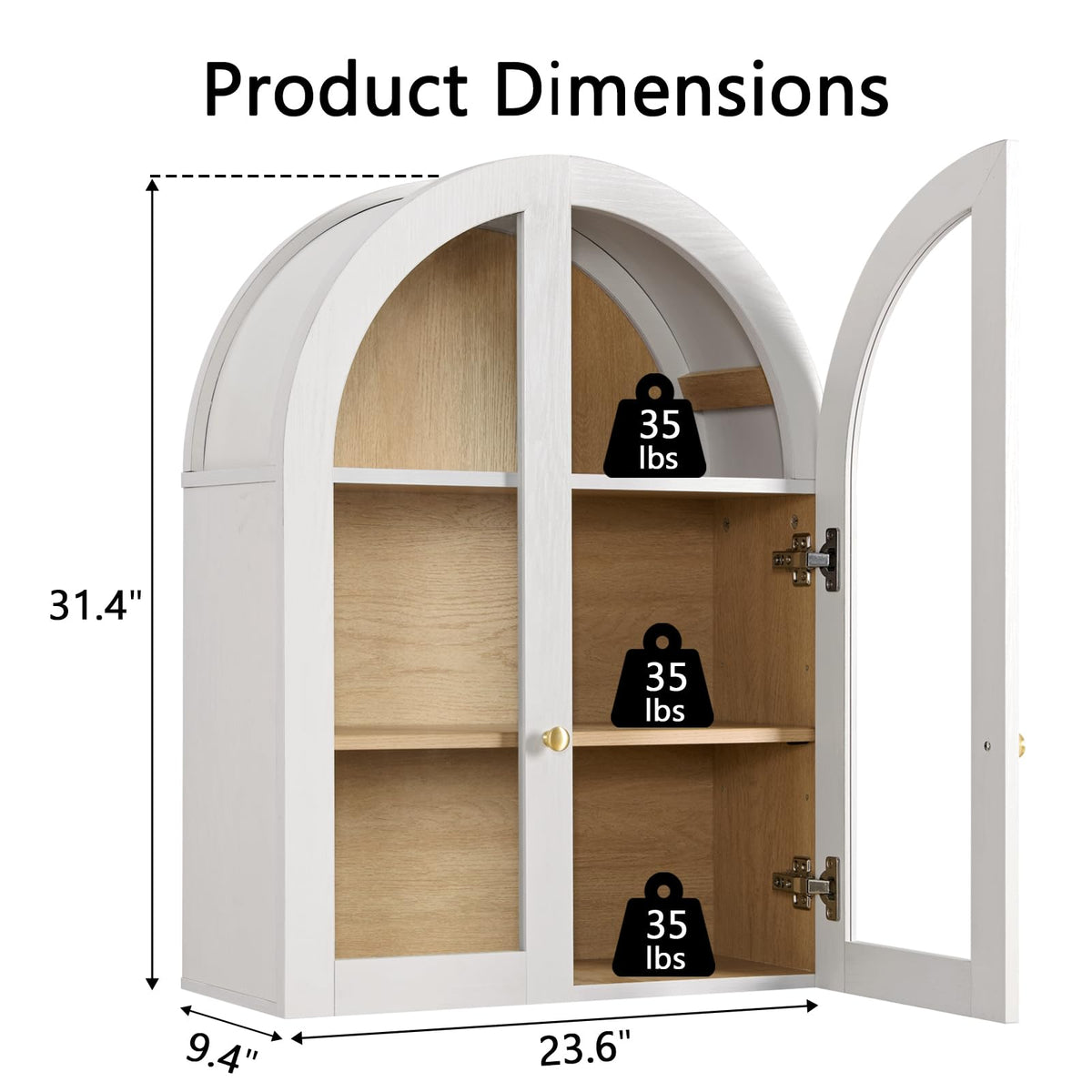 White Arched Wall Mount Bathroom Cabinet with Glass Doors P75258