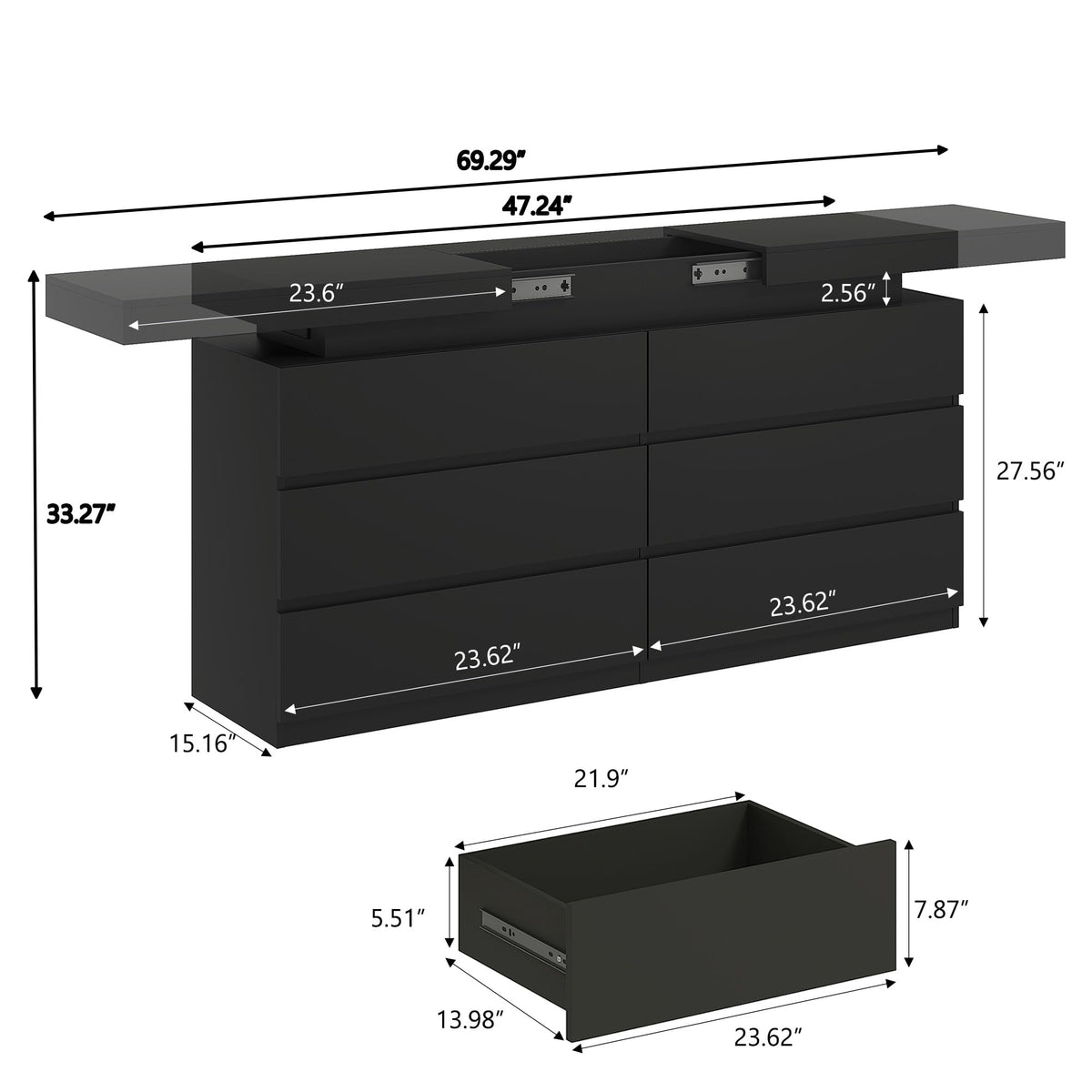 Black 6 Drawer Dresser with Sliding Desktop Q9812