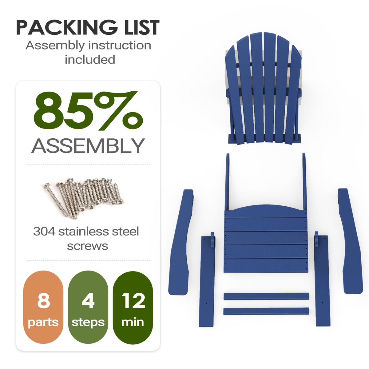 HDPE All-Weather Adirondack Chair 380 lbs Capacity Dark Blue M9164