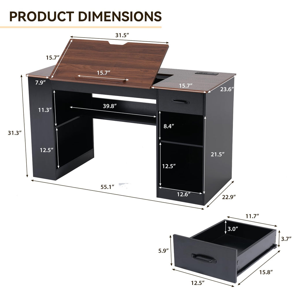 55.1" Black Drafting Table D40204