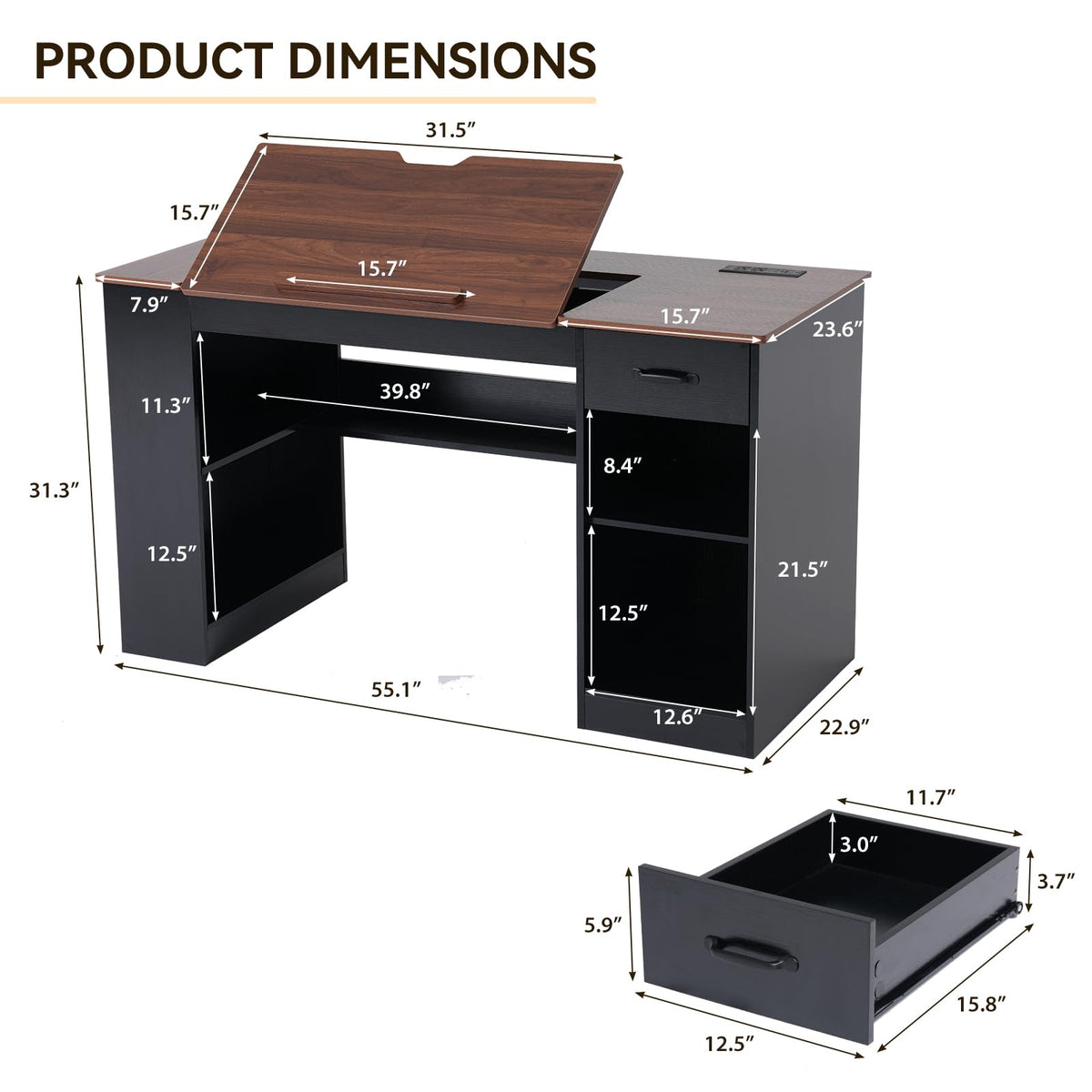 55.1" Black Drafting Table D40204