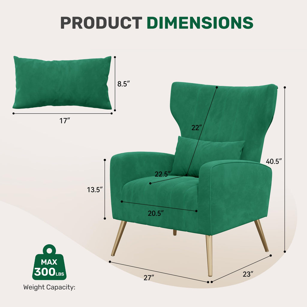 Velvet Accent Chairs Set of 2 High Back Armchair with Lumbar Pillow Green I52295