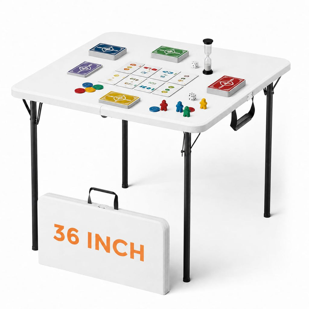 36" Square White Plastic Folding Card Table with Carrying Handle K875