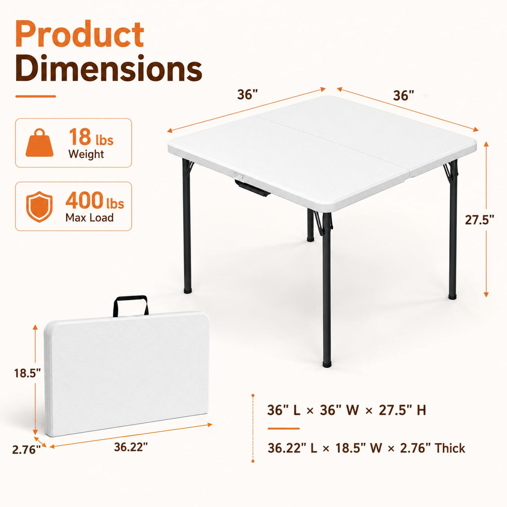 36" Square White Plastic Folding Card Table with Carrying Handle K875