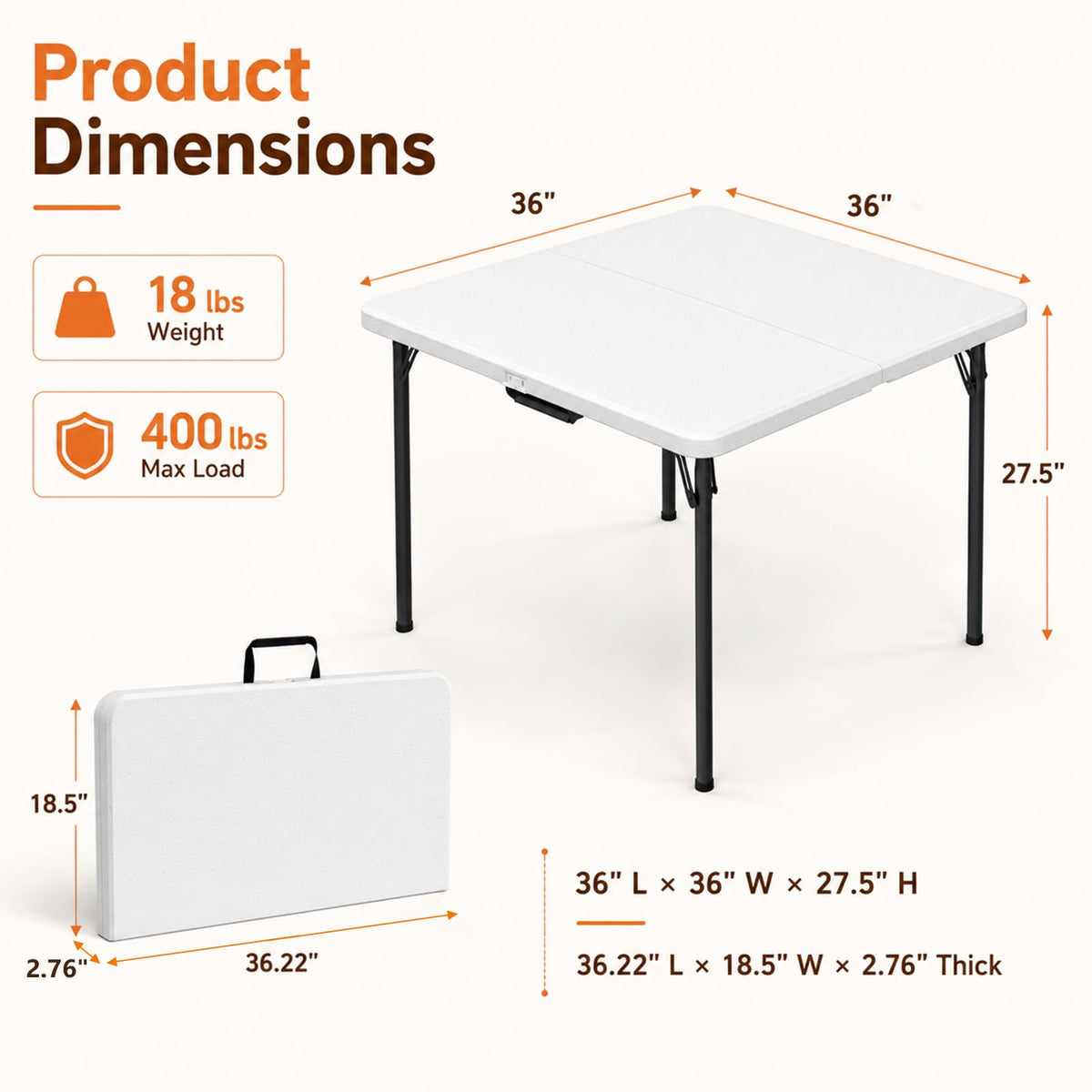 36" Square White Plastic Folding Card Table with Carrying Handle K875