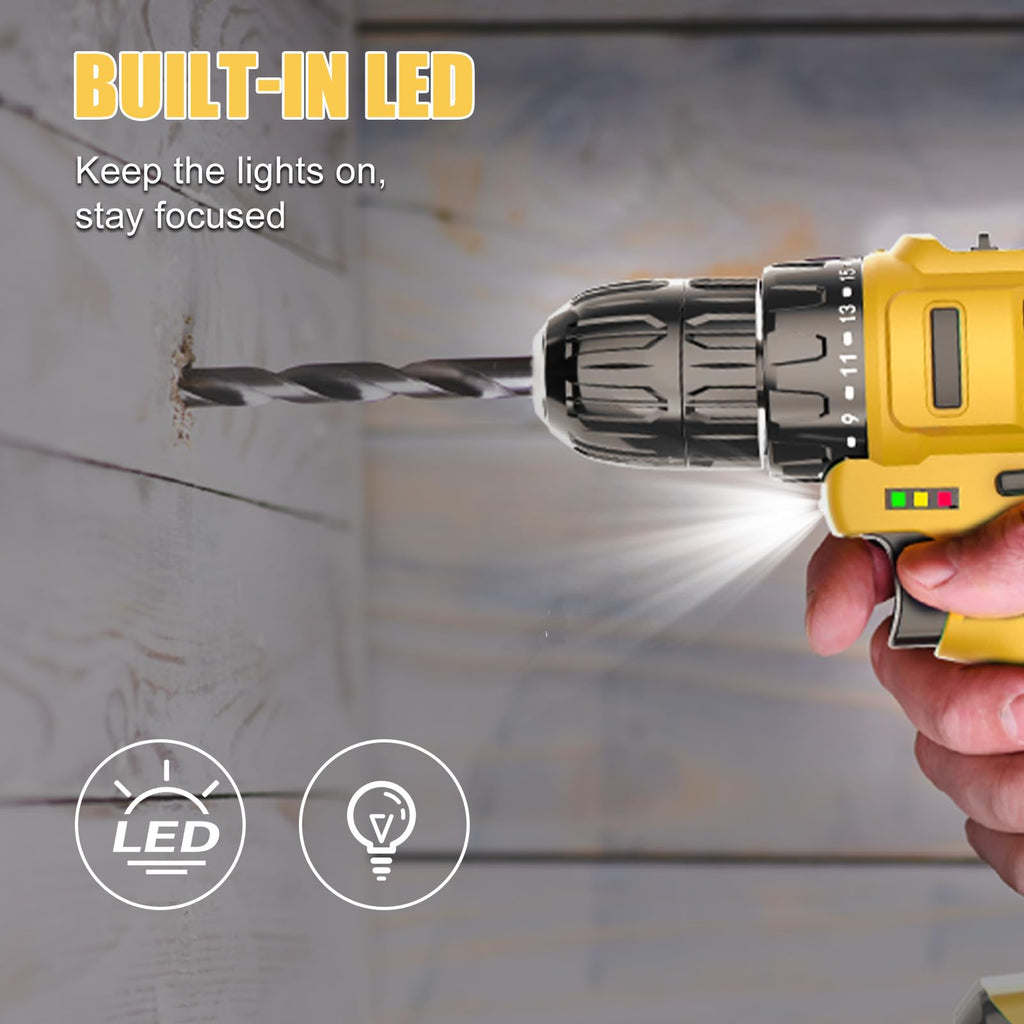 Cordless Drill Driver Kit, 20V Electric Drill with Battery and Charger, 18+3 Torque Setting, 2 Speeds, 3/8" Keyless Chuck Compact Power Drill Set with Drill Bits N38350