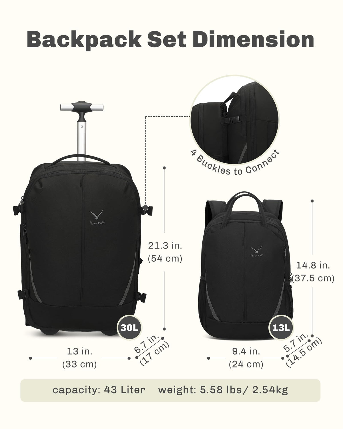 Rolling Backpack with Wheels 43L with Packing Cubes Set 6PC R24512