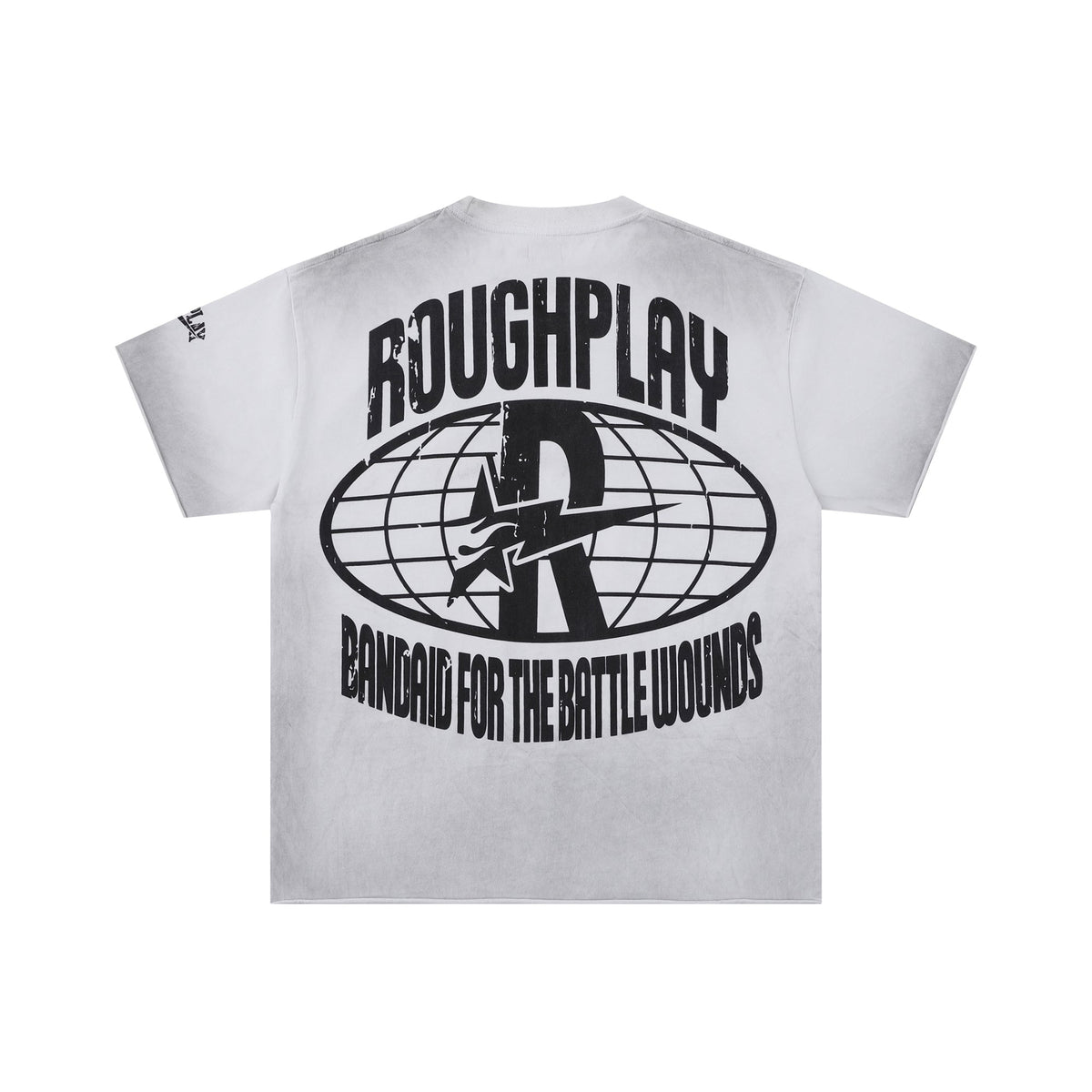 Roughplay Stay Young Wild Hybrid Skull‑Portrait Blue Circular Badge Distressed Tee