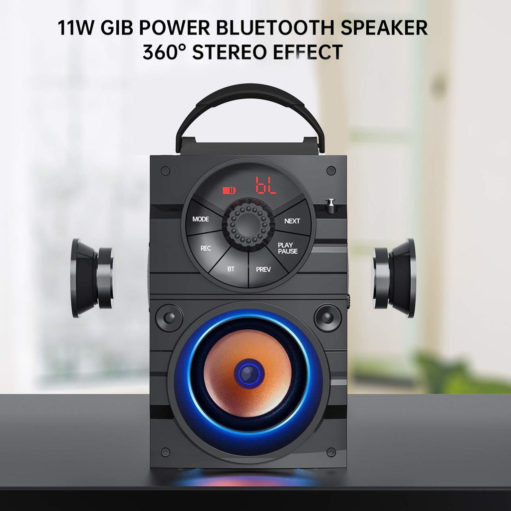 Portable Big Bluetooth Speakers with Light, Wireless with Subwoofer, FM Radio, LED Lights, EQ, Booming Bass, Bluetooth 4.2 Stereo Loud Outdoor/Indoor Retro, for Home, Camping, Travel, Black B7614