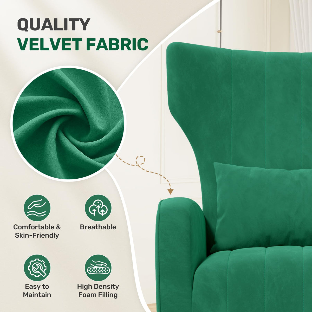 Velvet Accent Chairs Set of 2 High Back Armchair with Lumbar Pillow Green I52295