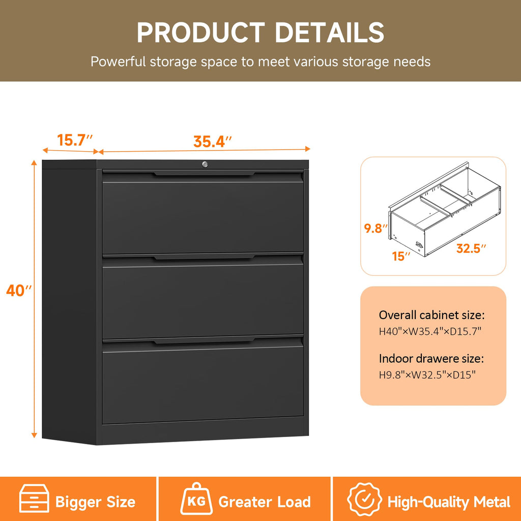 Black 3 Drawer Lockable Metal Lateral File Cabinet W239217