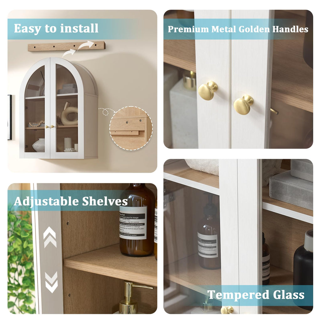 White Arched Wall Mount Bathroom Cabinet with Glass Doors P75258