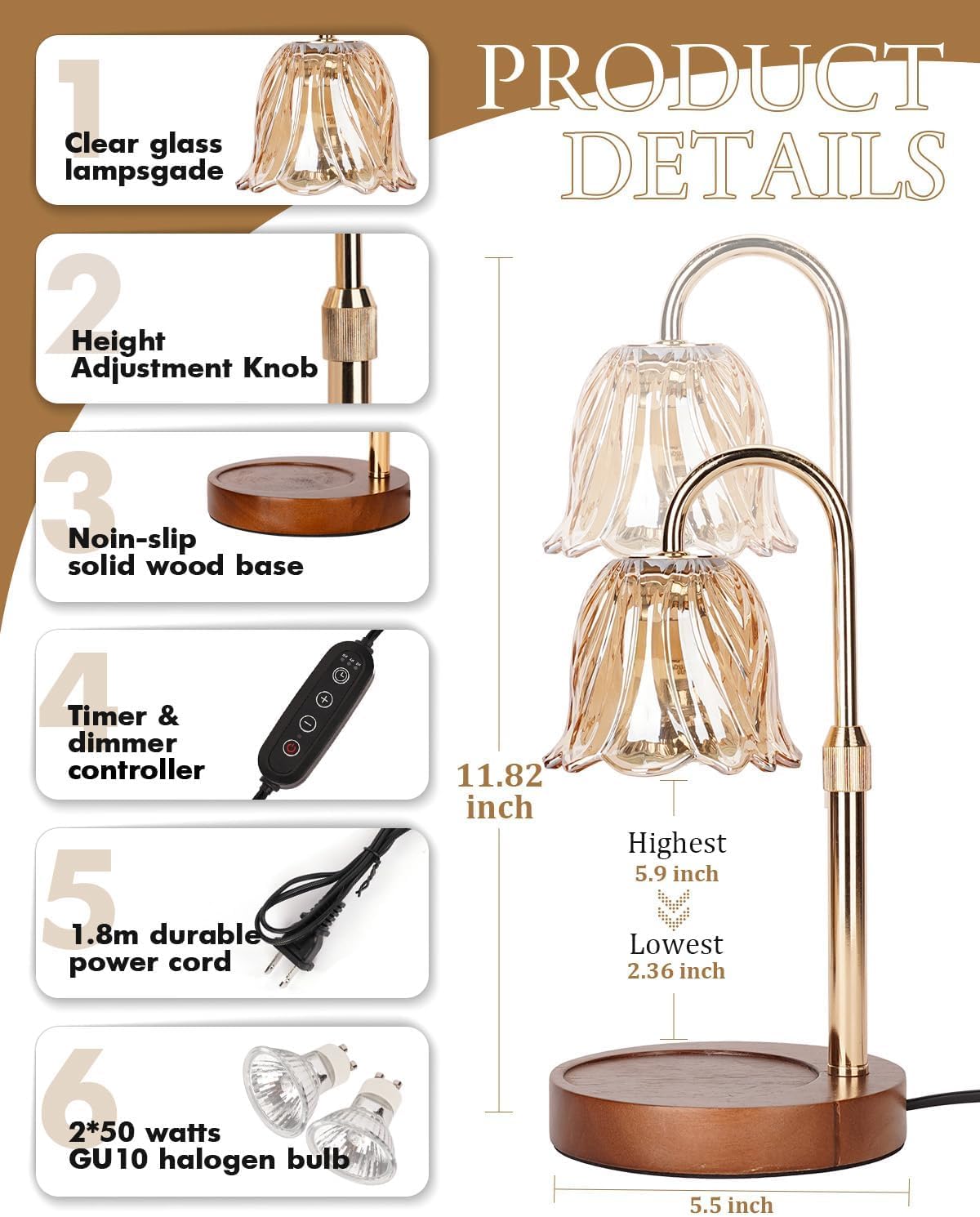 Gold Candle Warmer Lamp with Timer & Dimmer N843