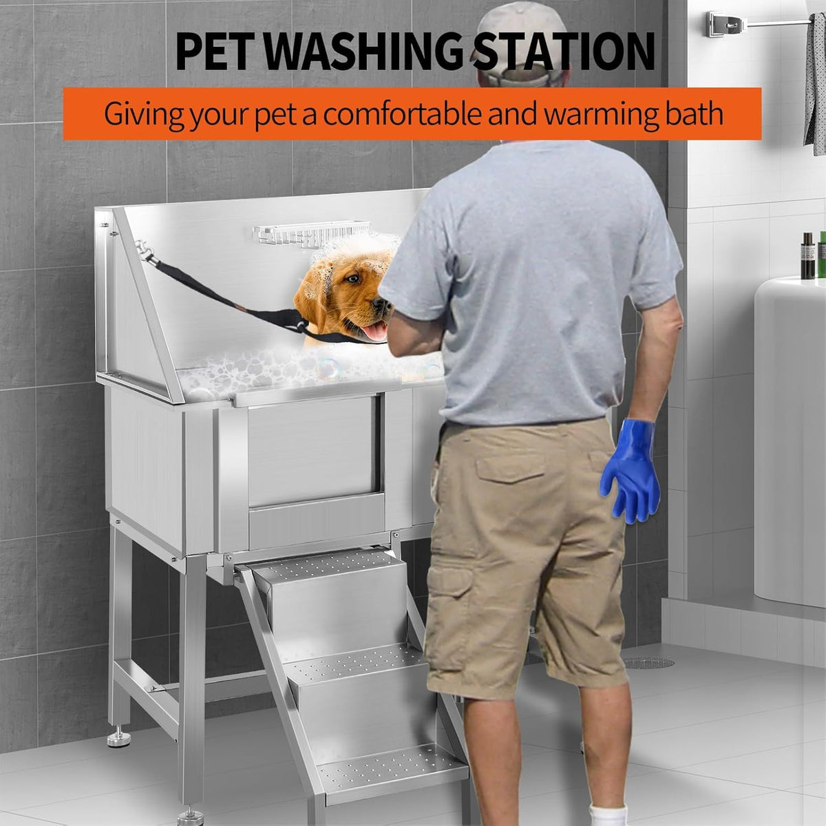 38" Stainless Steel Dog Grooming Tub with Stairs Y98099