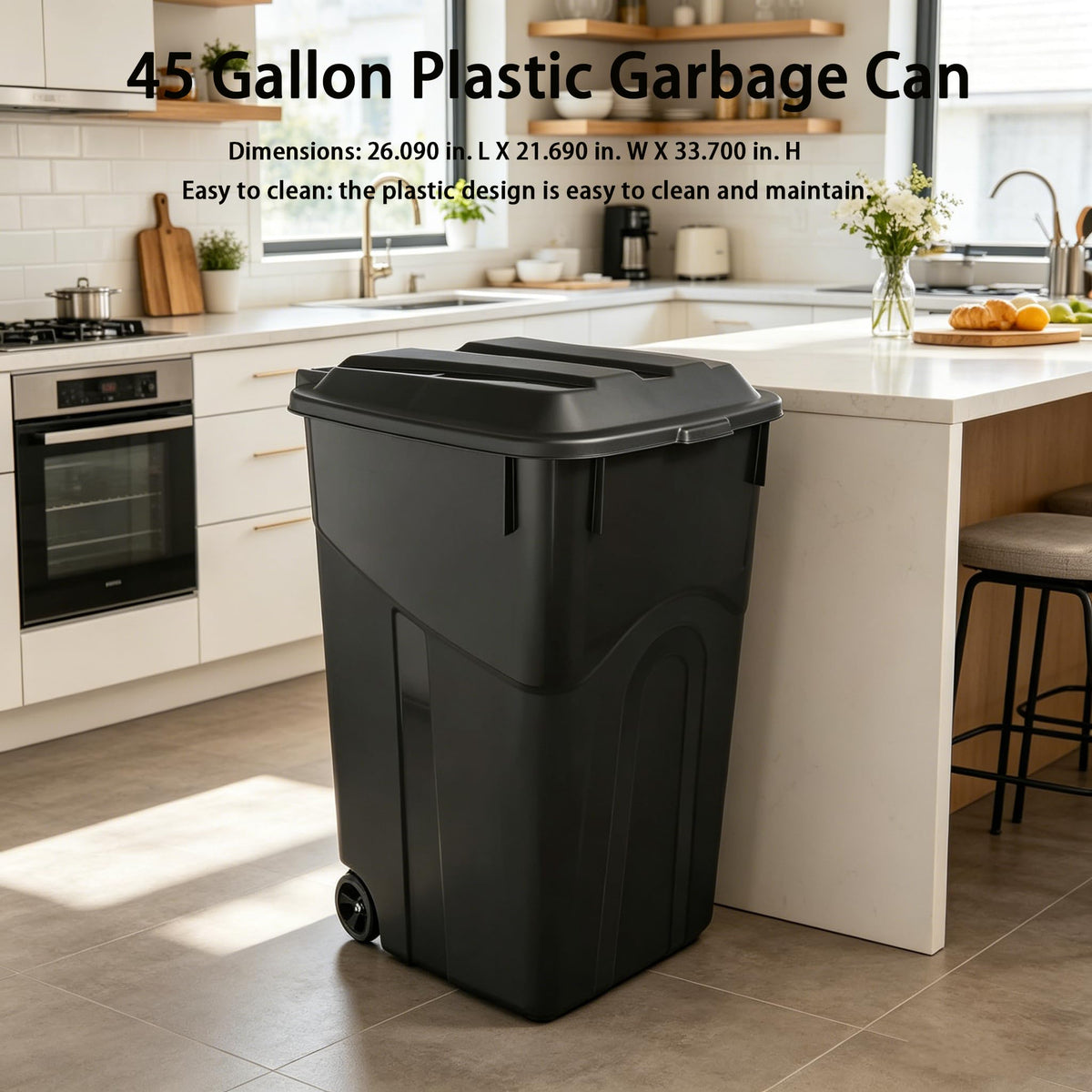 Black 45 Gallon Wheeled Plastic Garbage Can with Lid J48187