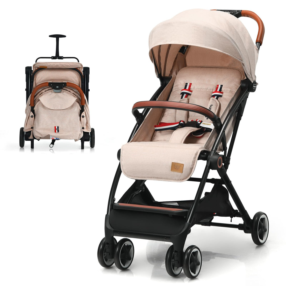 Lightweight Compact Baby Stroller with 5-Point Harness and Storage Basket, Beige G68053