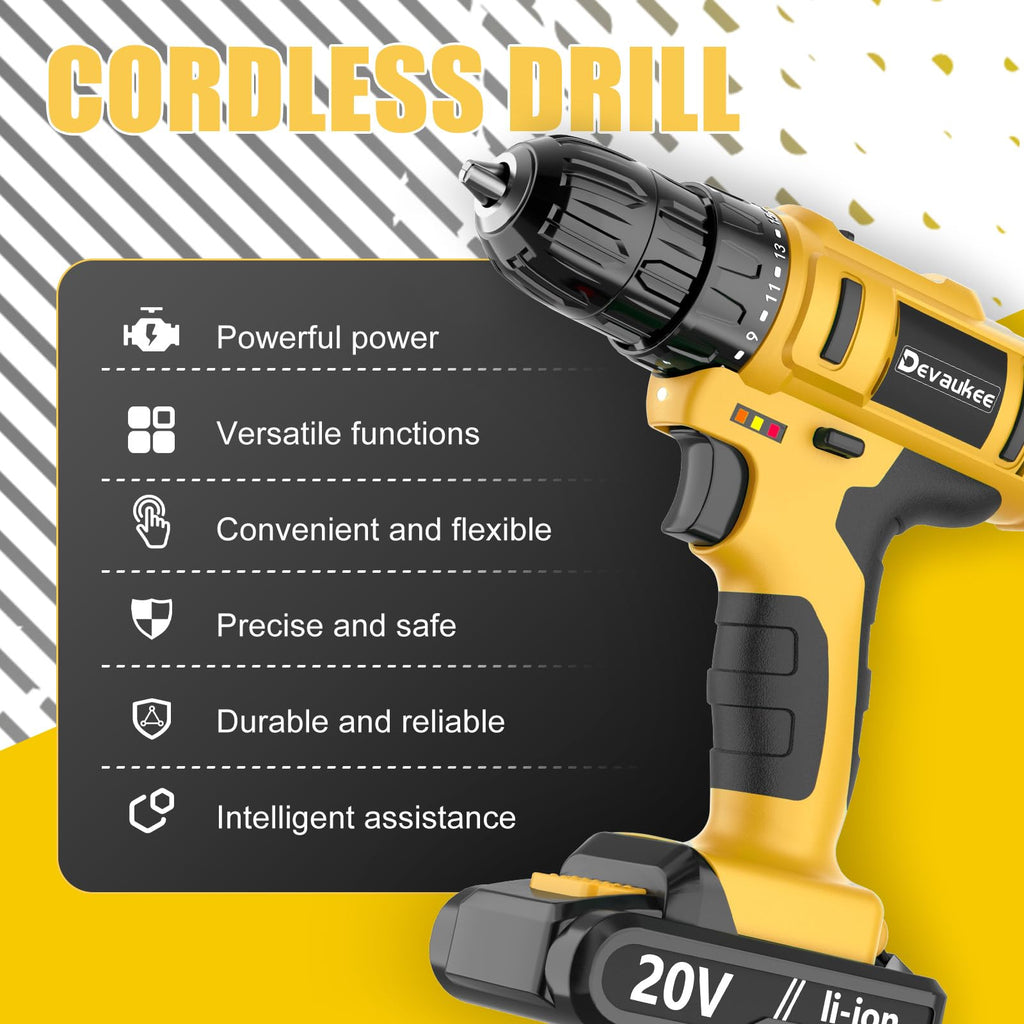 Cordless Drill Driver Kit, 20V Electric Drill with Battery and Charger, 18+3 Torque Setting, 2 Speeds, 3/8" Keyless Chuck Compact Power Drill Set with Drill Bits N38350