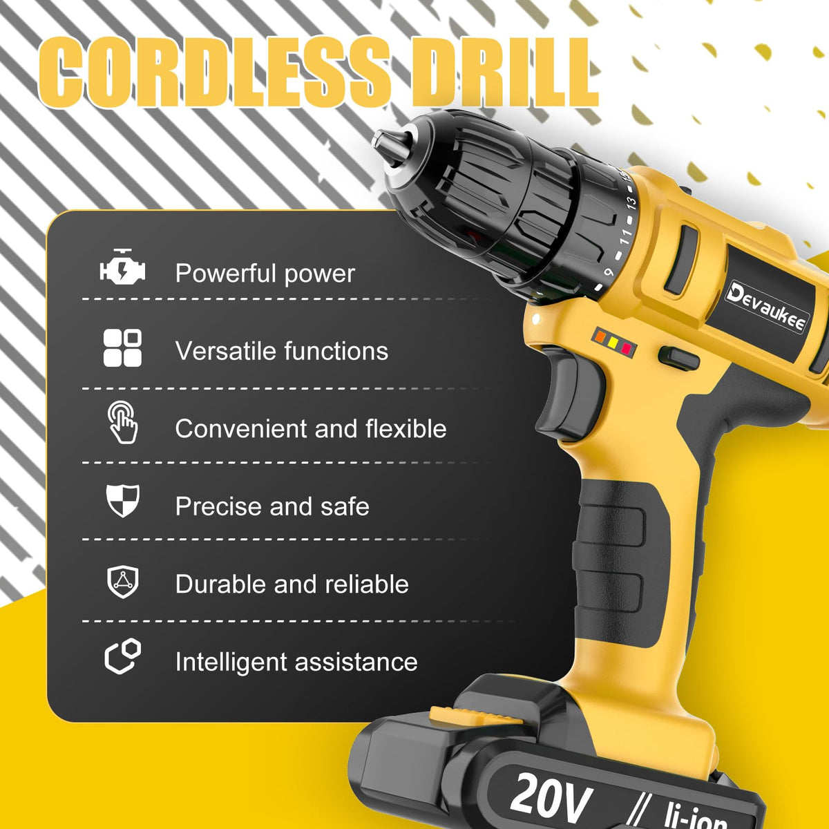 Cordless Drill Driver Kit, 20V Electric Drill with Battery and Charger, 18+3 Torque Setting, 2 Speeds, 3/8" Keyless Chuck Compact Power Drill Set with Drill Bits N38350