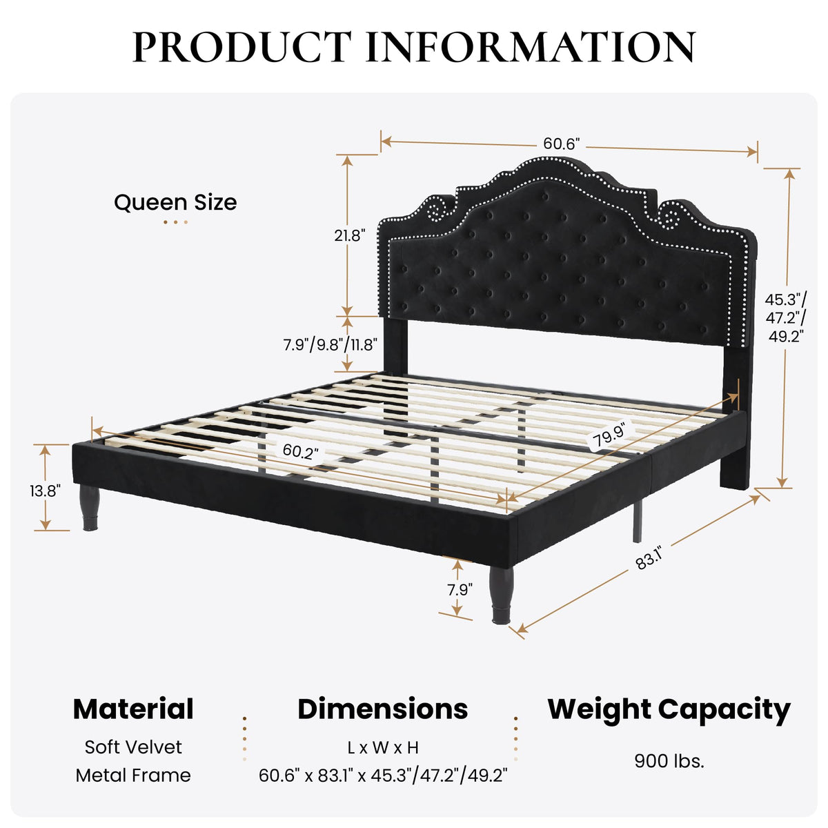 Queen Size Velvet Upholstered Bed Frame with Adjustable Headboard B126