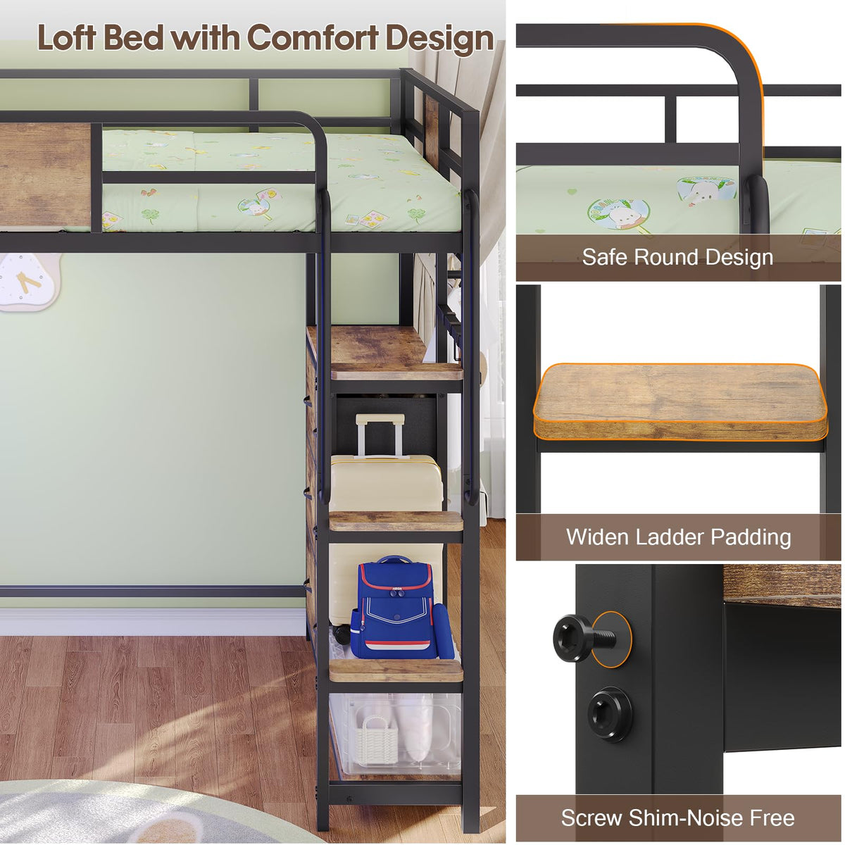 Twin Loft Bed with Desk and 6 Storage Drawers O417576