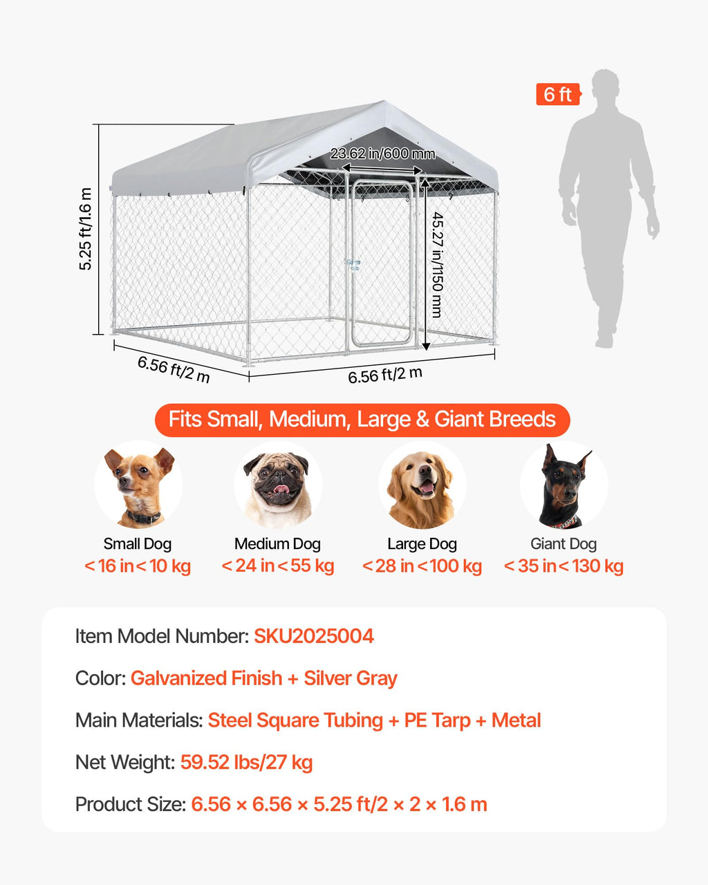 Outdoor Dog Kennel, 6.56 x 6.56 x 5.25 ft with UV-Resistant & Waterproof Roof Cover D27972