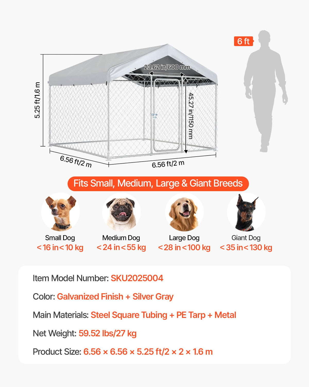 Outdoor Dog Kennel, 6.56 x 6.56 x 5.25 ft with UV-Resistant & Waterproof Roof Cover D27972