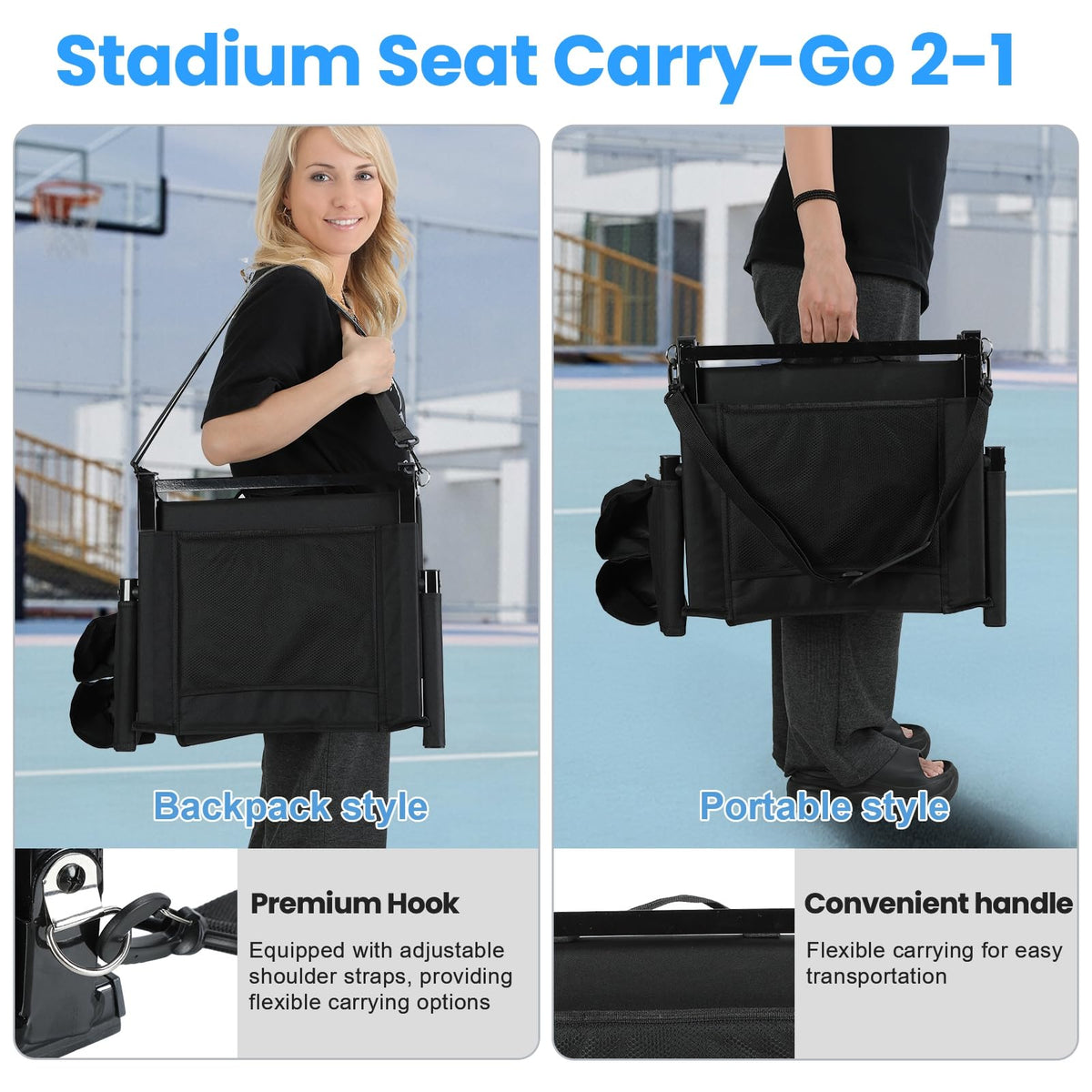 2 Pcs Black Stadium Seats with Back Support and Cushion N345881