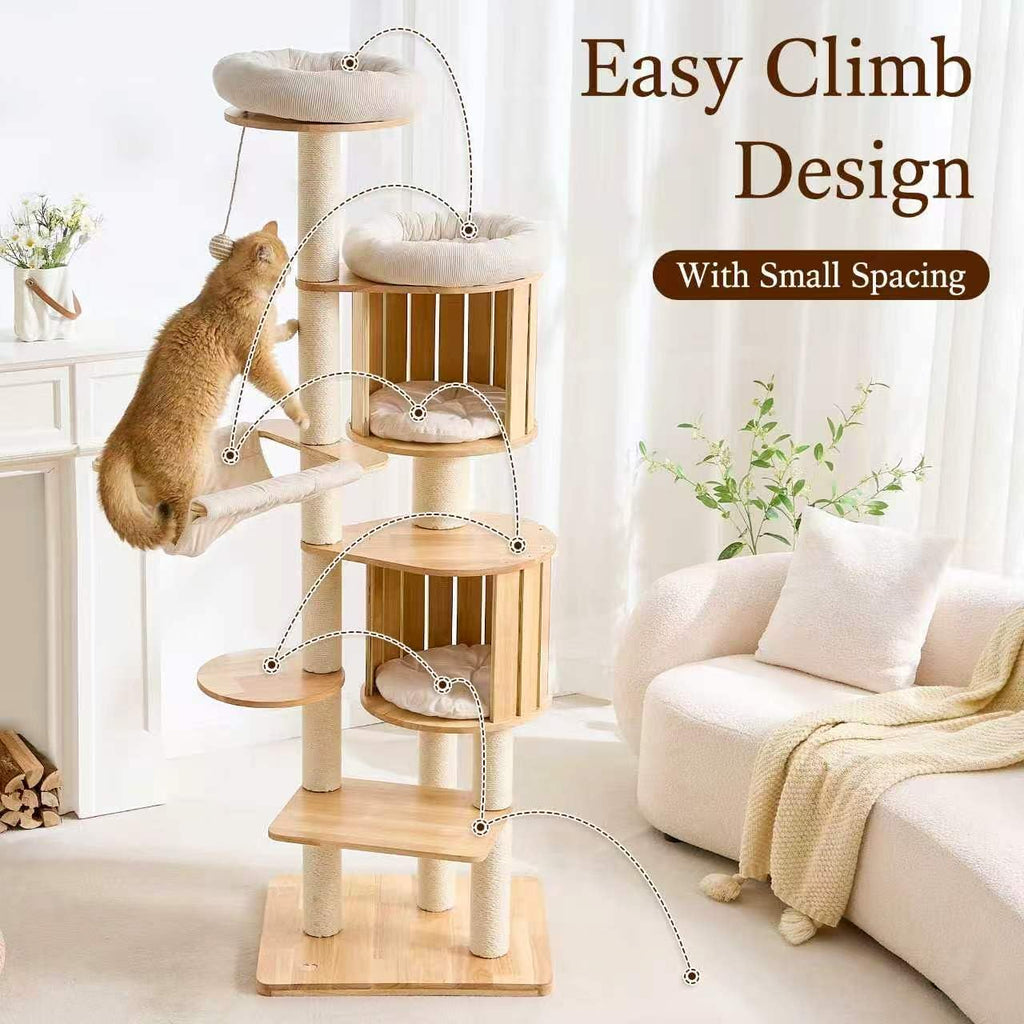 Solid Wood 70 Inches Tall Cat Tree Tower with Scratching Post M43849