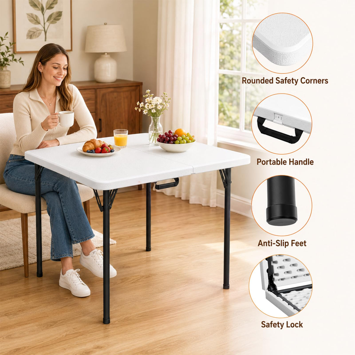 36" Square White Plastic Folding Card Table with Carrying Handle K875