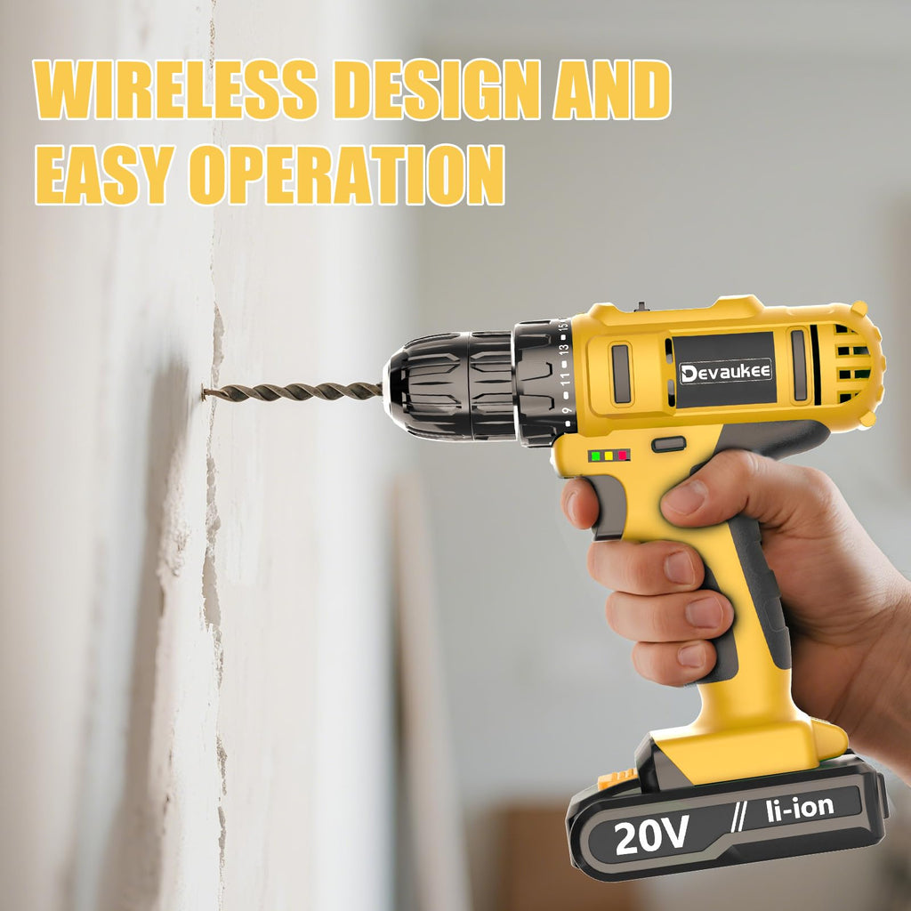 Cordless Drill Driver Kit, 20V Electric Drill with Battery and Charger, 18+3 Torque Setting, 2 Speeds, 3/8" Keyless Chuck Compact Power Drill Set with Drill Bits N38350