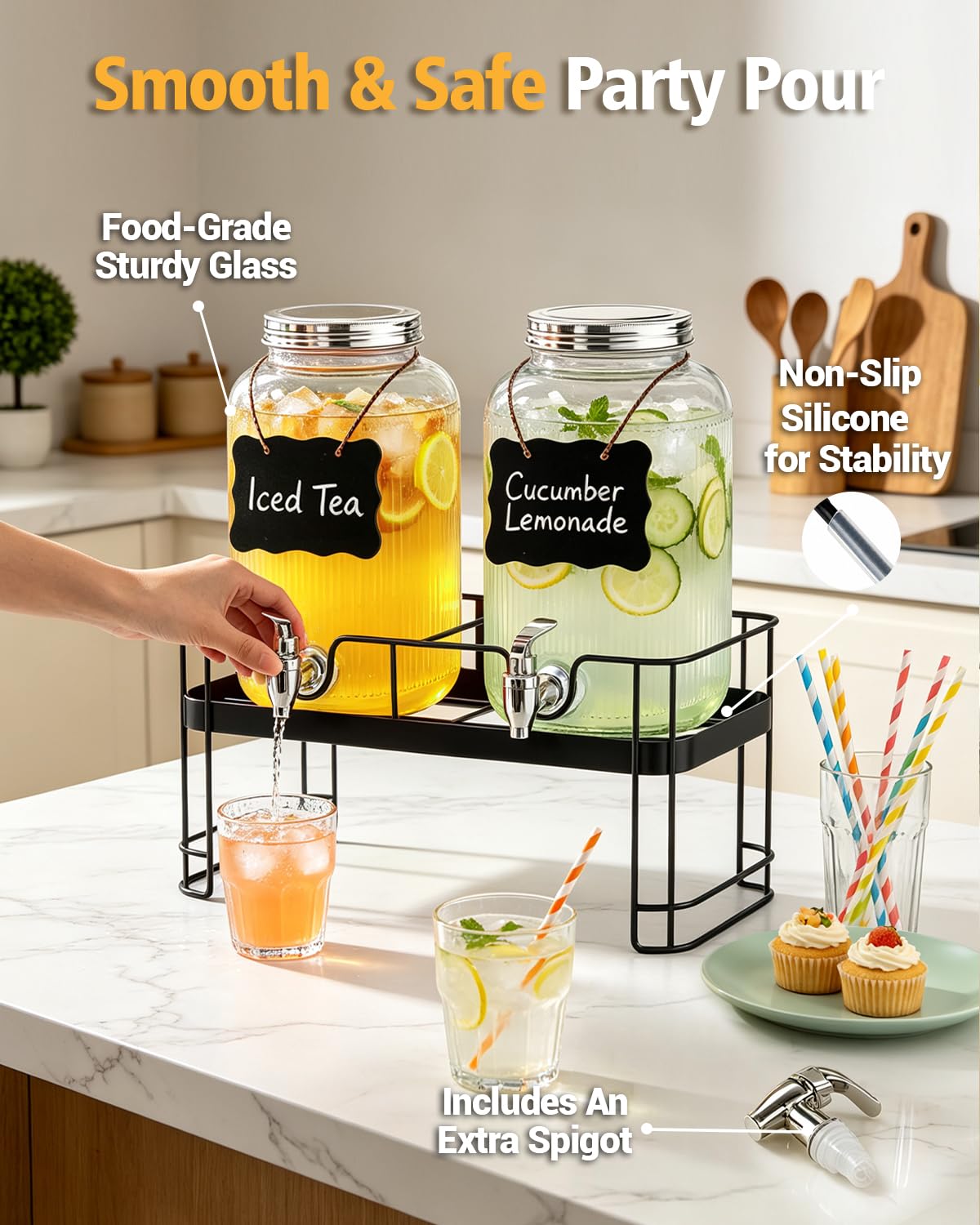 2 Pack 1 Gallon Glass Drink Dispensers with Stand C50401