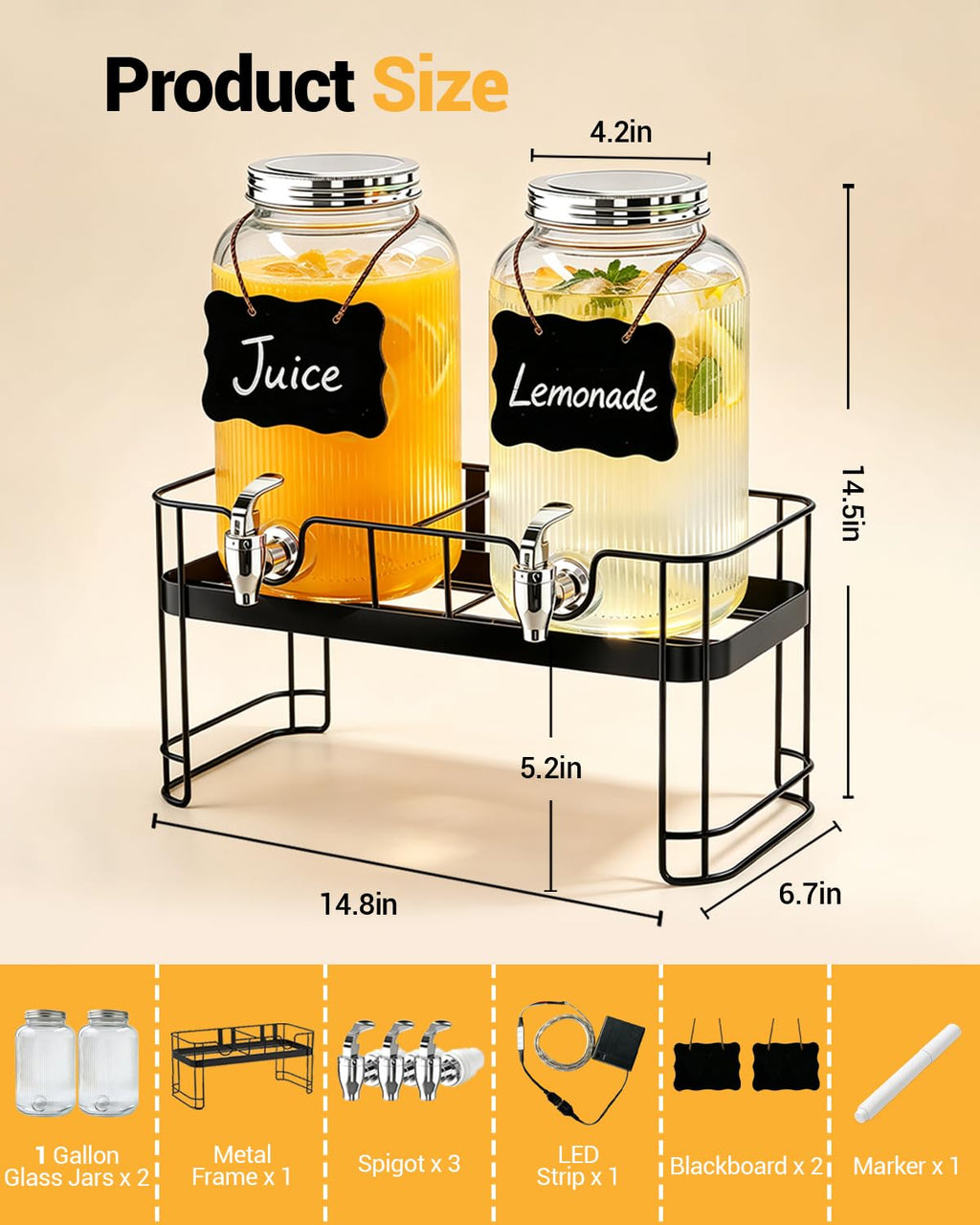2 Pack 1 Gallon Glass Drink Dispensers with Stand C50401