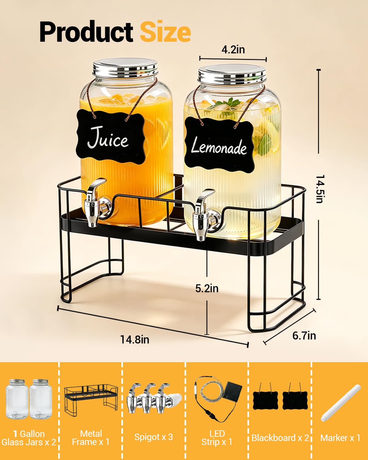 2 Pack 1 Gallon Glass Drink Dispensers with Stand C50401