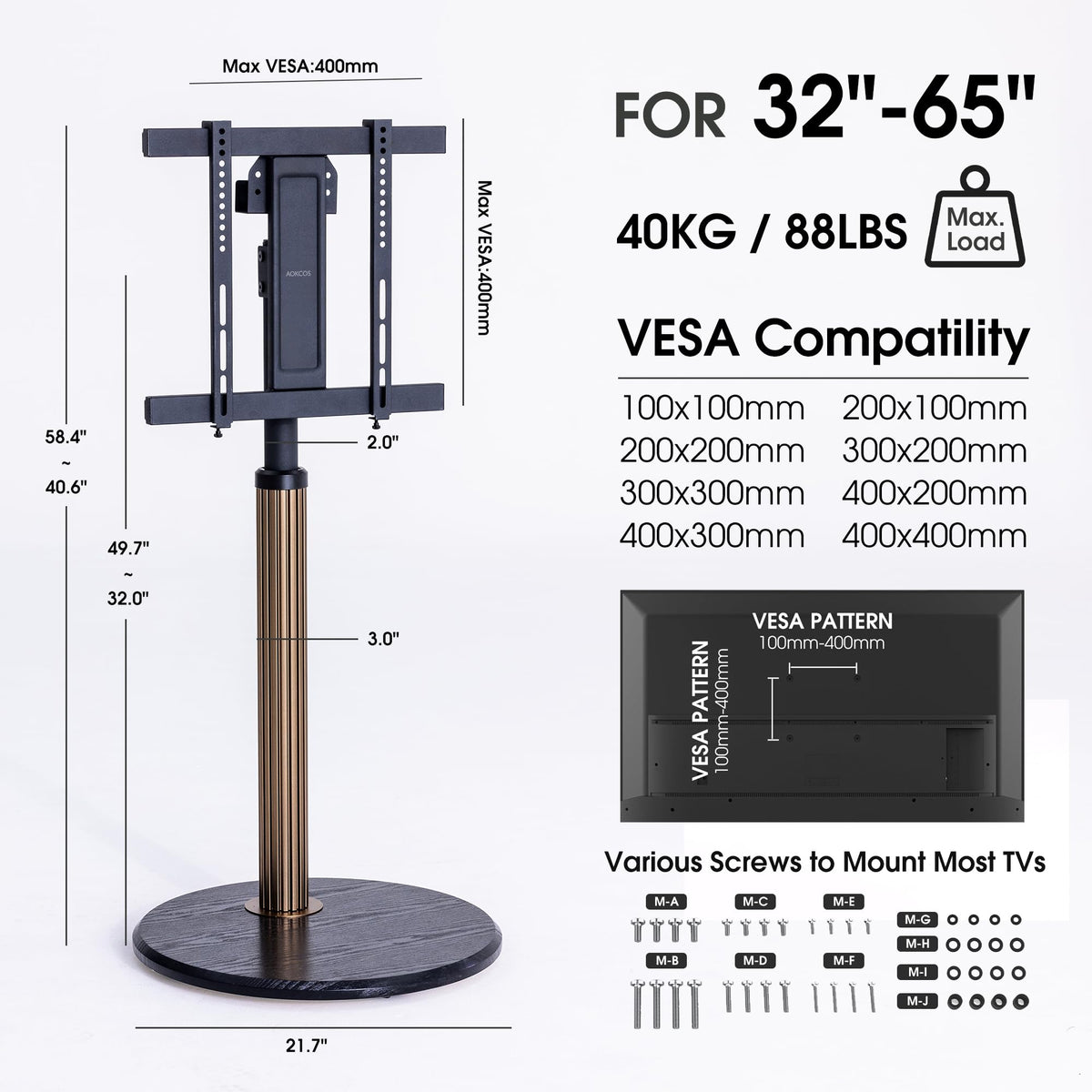 Aluminum Rolling TV Stand for 32-65 inch TVs E334