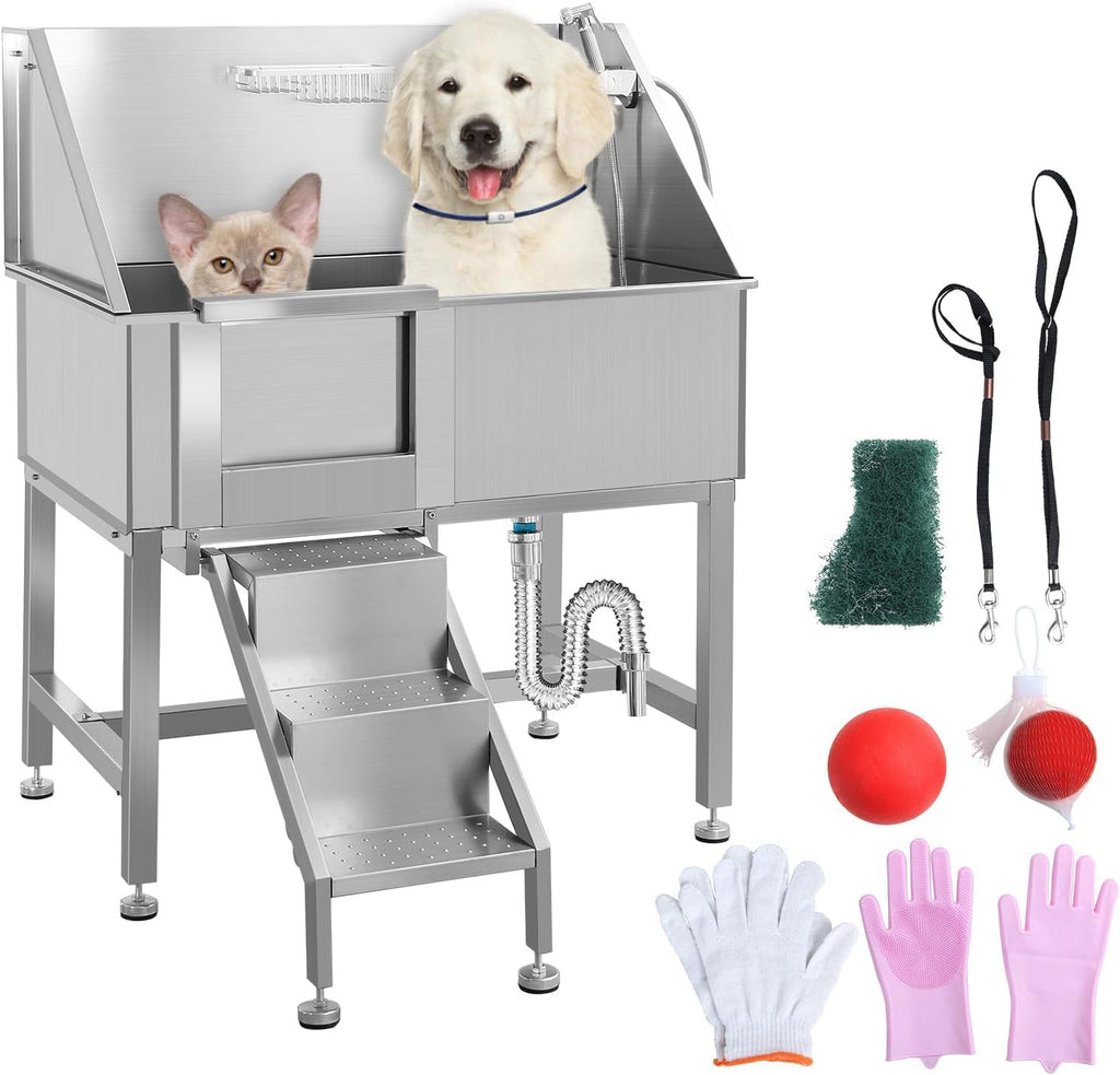 38" Stainless Steel Dog Grooming Tub with Stairs Y98099