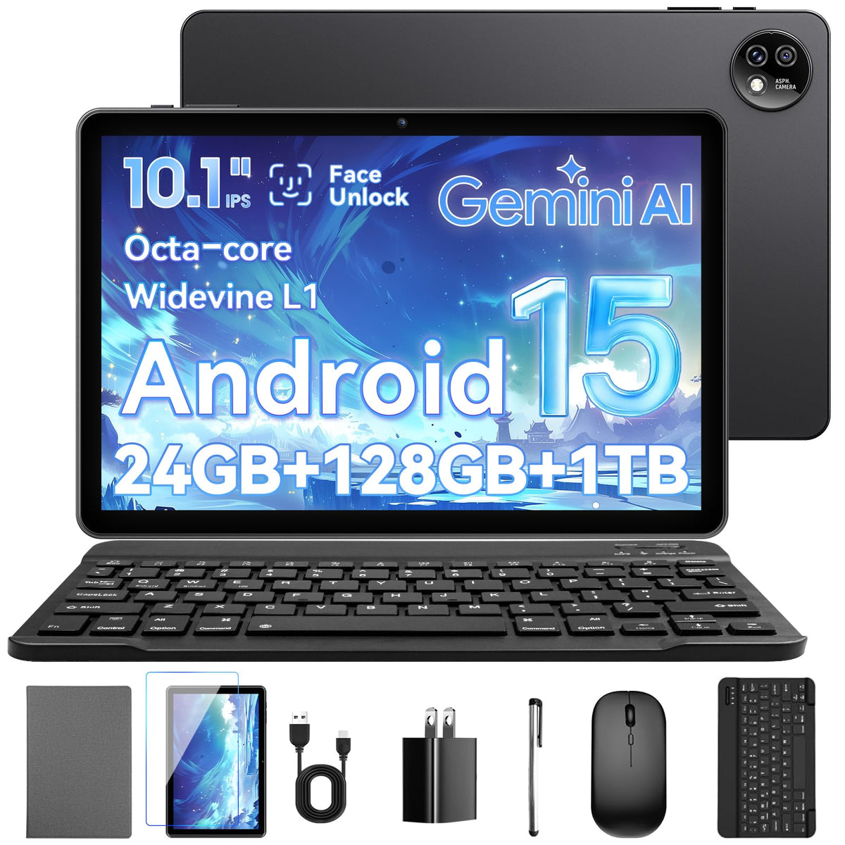 10.1 Inch Android 15 Tablet, 24GB RAM 128GB ROM, 1280 x 800 HD Display, 6000mAh Battery, 5MP+8MP Camera (Black) D18387