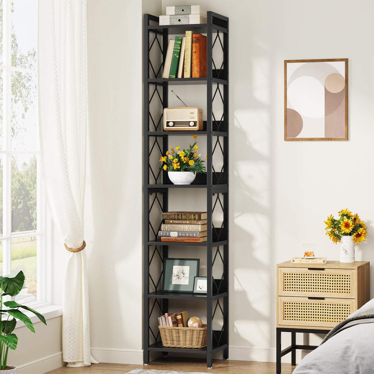 78.7 Inch Tall Skinny Narrow Black Bookshelf Bookcase G357