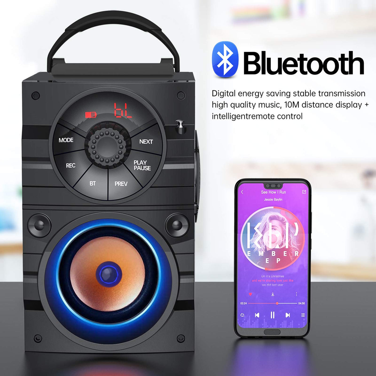 Portable Big Bluetooth Speakers with Light, Wireless with Subwoofer, FM Radio, LED Lights, EQ, Booming Bass, Bluetooth 4.2 Stereo Loud Outdoor/Indoor Retro, for Home, Camping, Travel, Black B7614