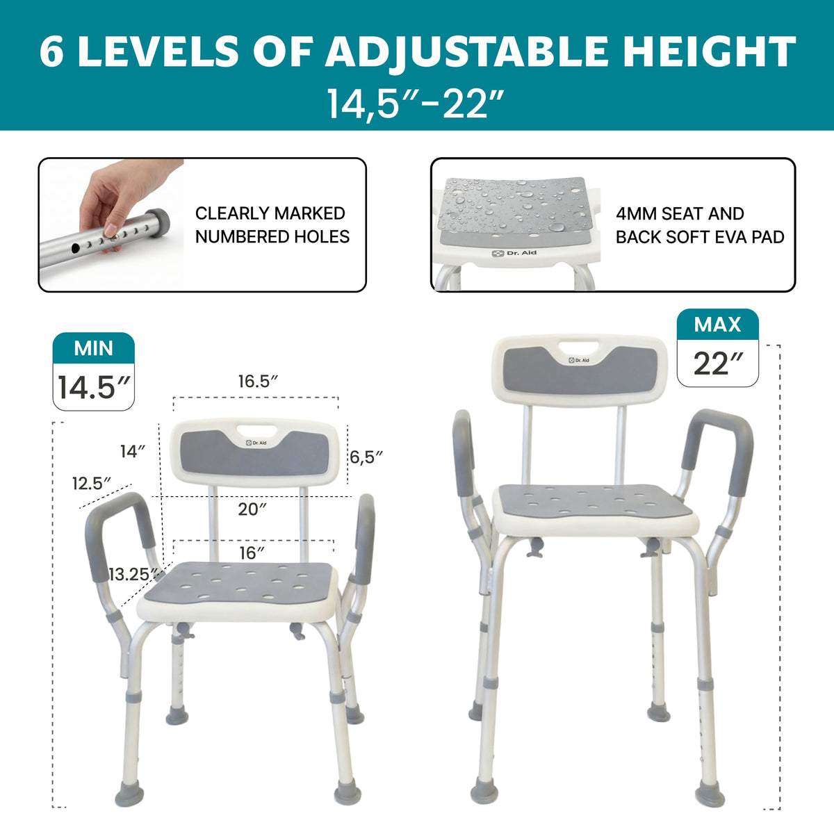 Shower Chair, 6-Height Adjustable, 400 lbs W532