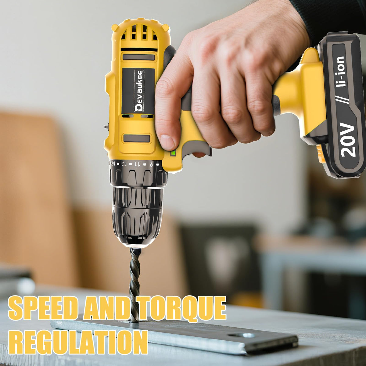 Cordless Drill Driver Kit, 20V Electric Drill with Battery and Charger, 18+3 Torque Setting, 2 Speeds, 3/8" Keyless Chuck Compact Power Drill Set with Drill Bits N38350