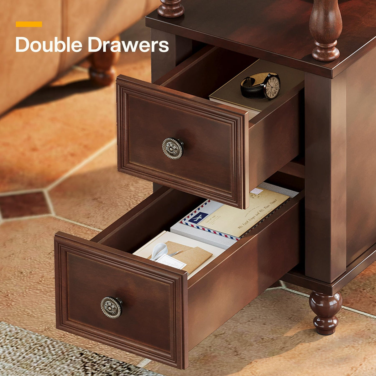 Cherry Finish Wood End Table with 2 Drawers Q269058