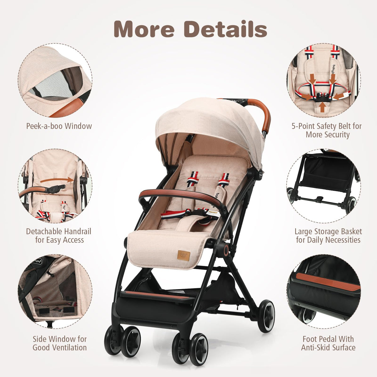 Lightweight Compact Baby Stroller with 5-Point Harness and Storage Basket, Beige G68053