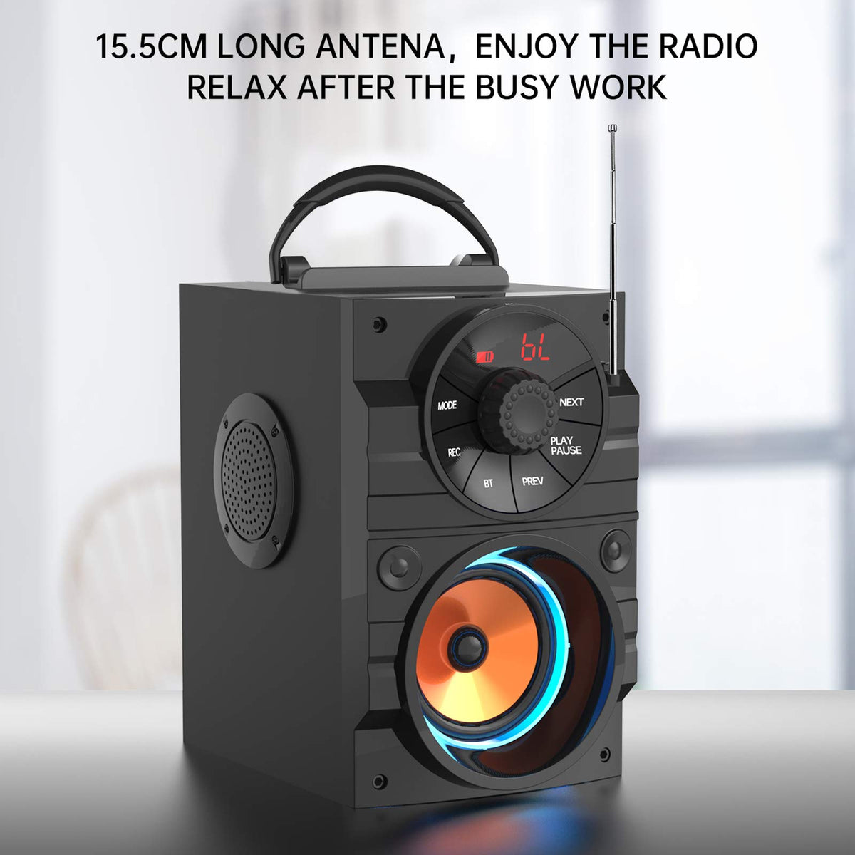 Portable Big Bluetooth Speakers with Light, Wireless with Subwoofer, FM Radio, LED Lights, EQ, Booming Bass, Bluetooth 4.2 Stereo Loud Outdoor/Indoor Retro, for Home, Camping, Travel, Black B7614