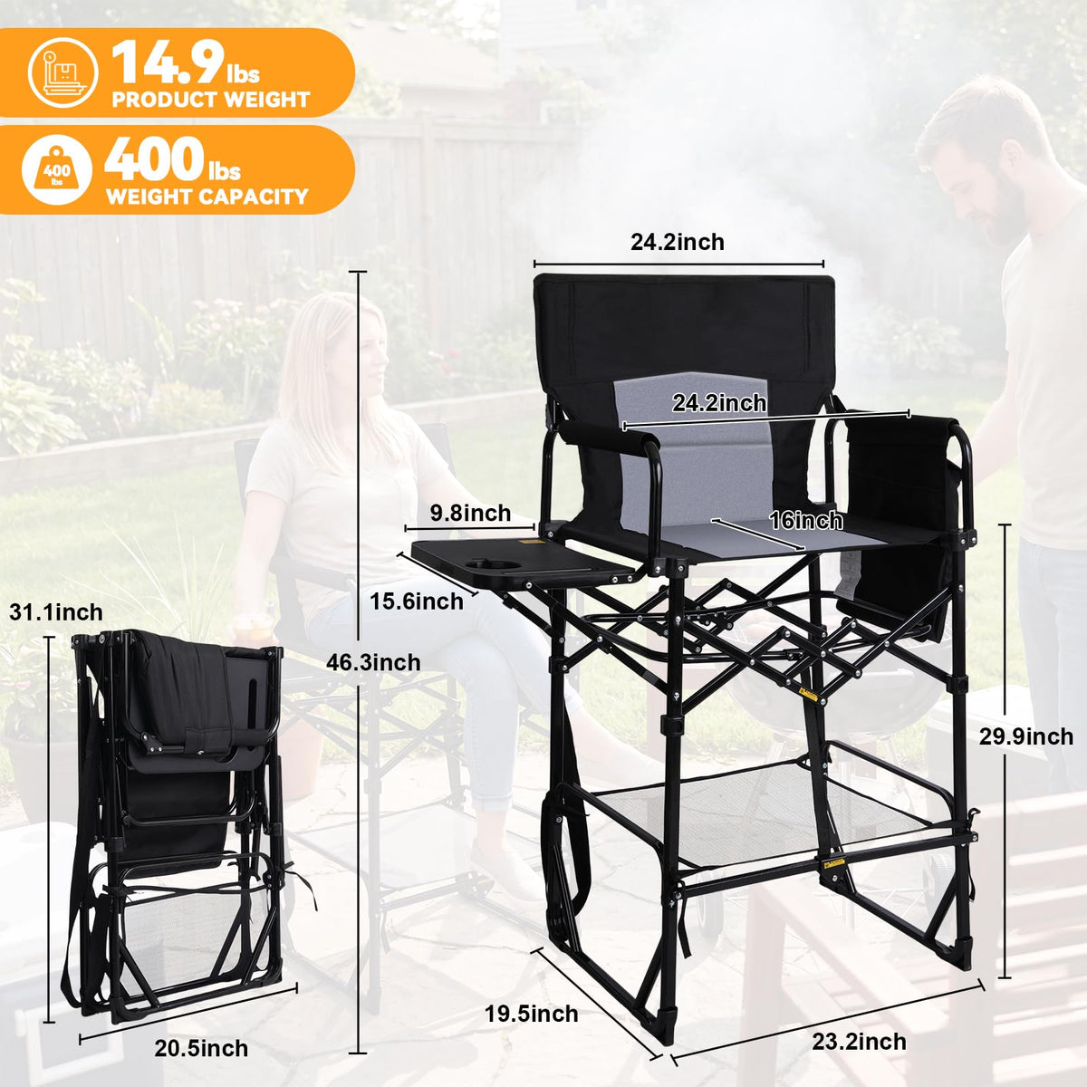 2 Pack Extra Tall Folding Camping Chair with Side Table K48045