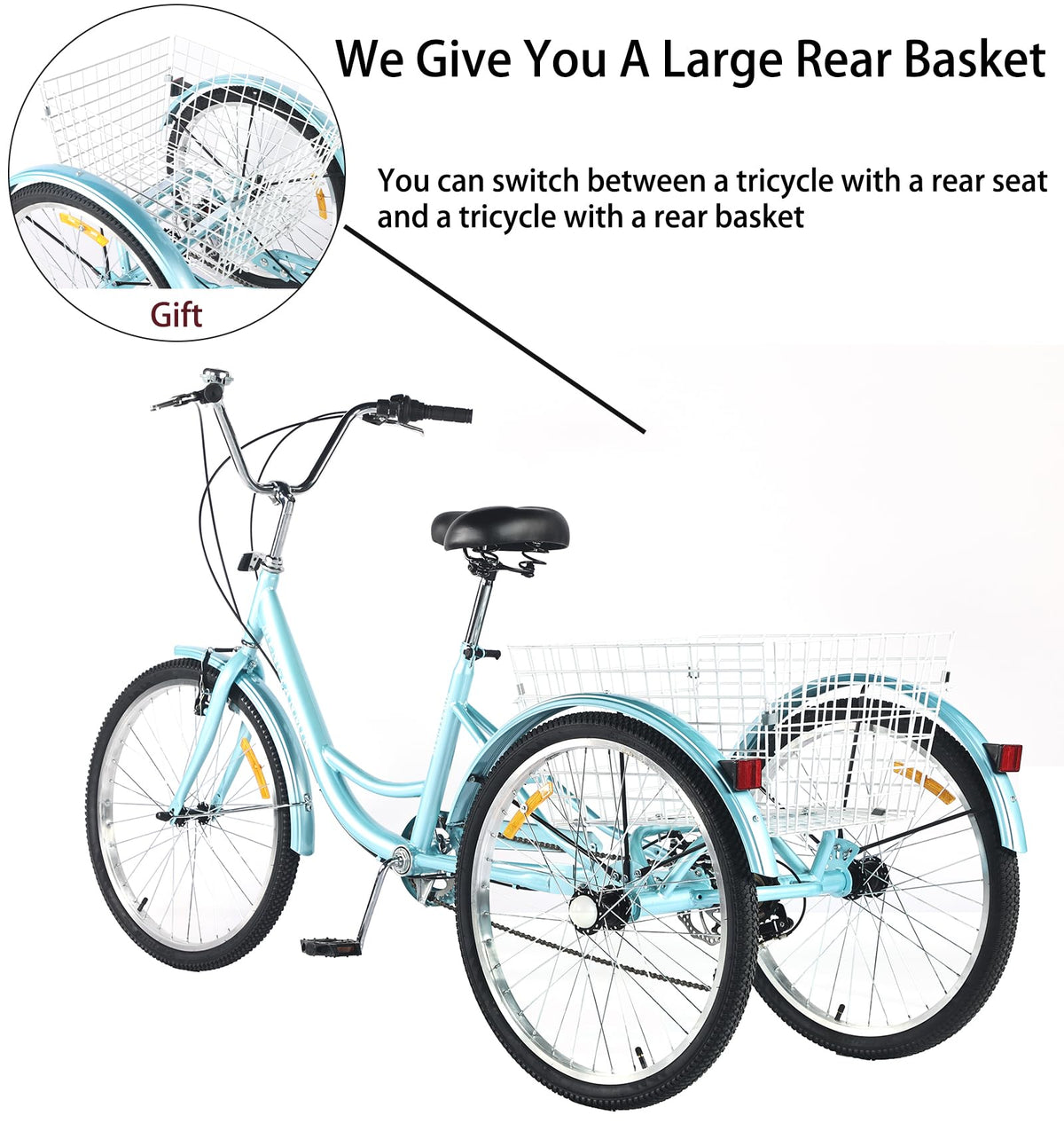 7 Speed Adult Tricycle with Child Seat and Rear Baskets T940